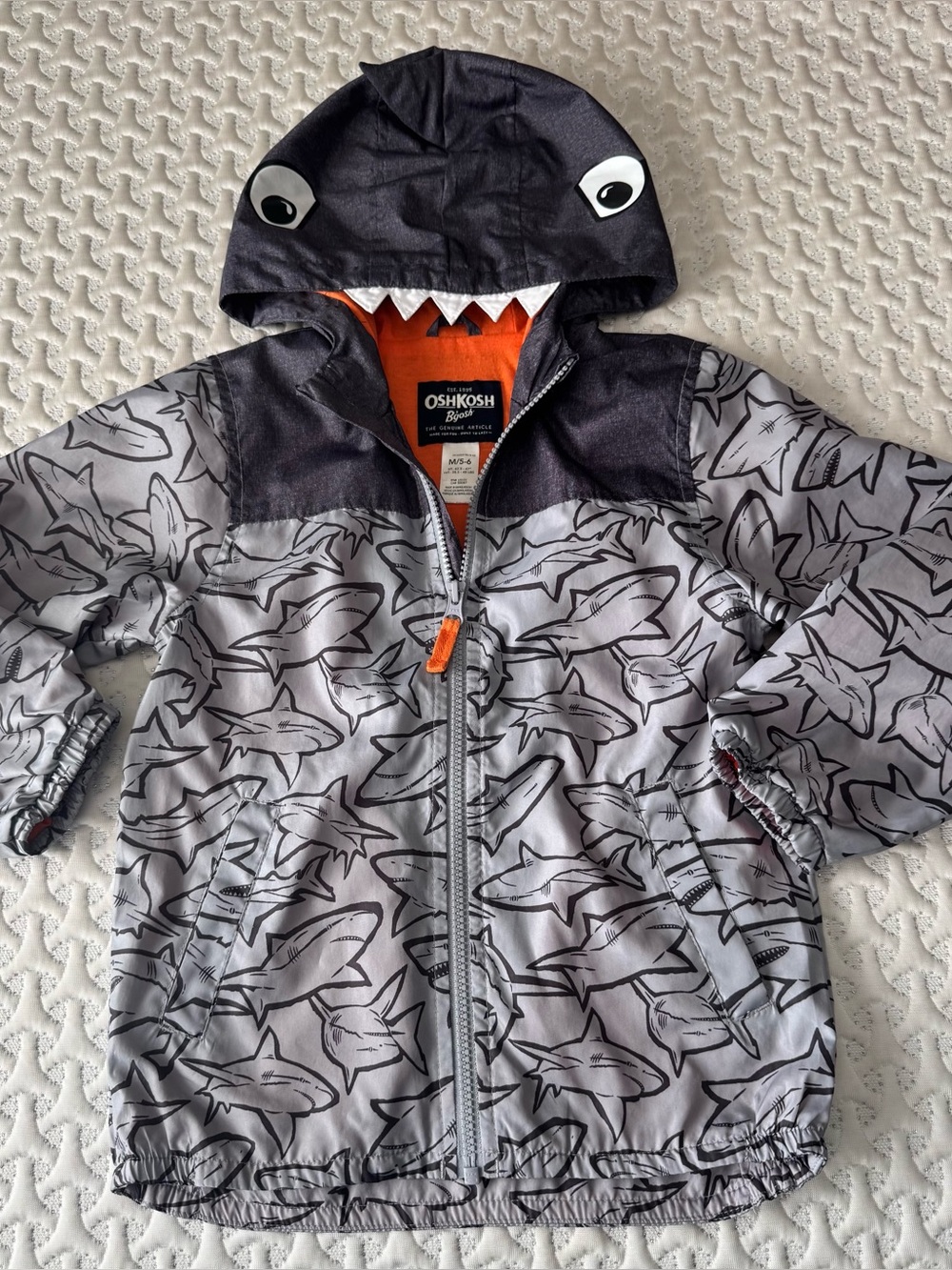 OshKosh B'gosh Gray Shark Hooded Jacket with Orange Lining